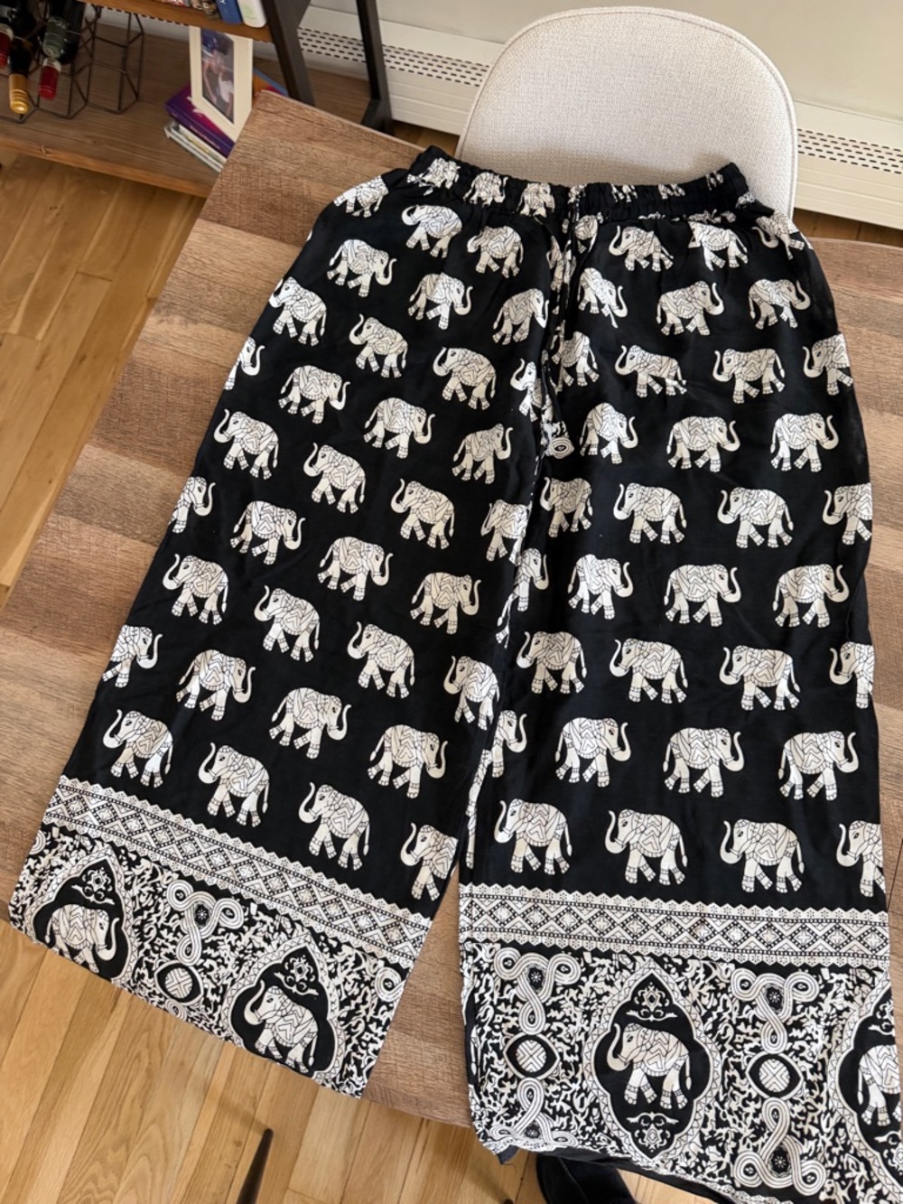 Black Elephant Print Wide Leg Pants